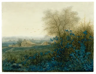 Paesaggio con una fattoria e un contadino che spinge una carriola, 1865